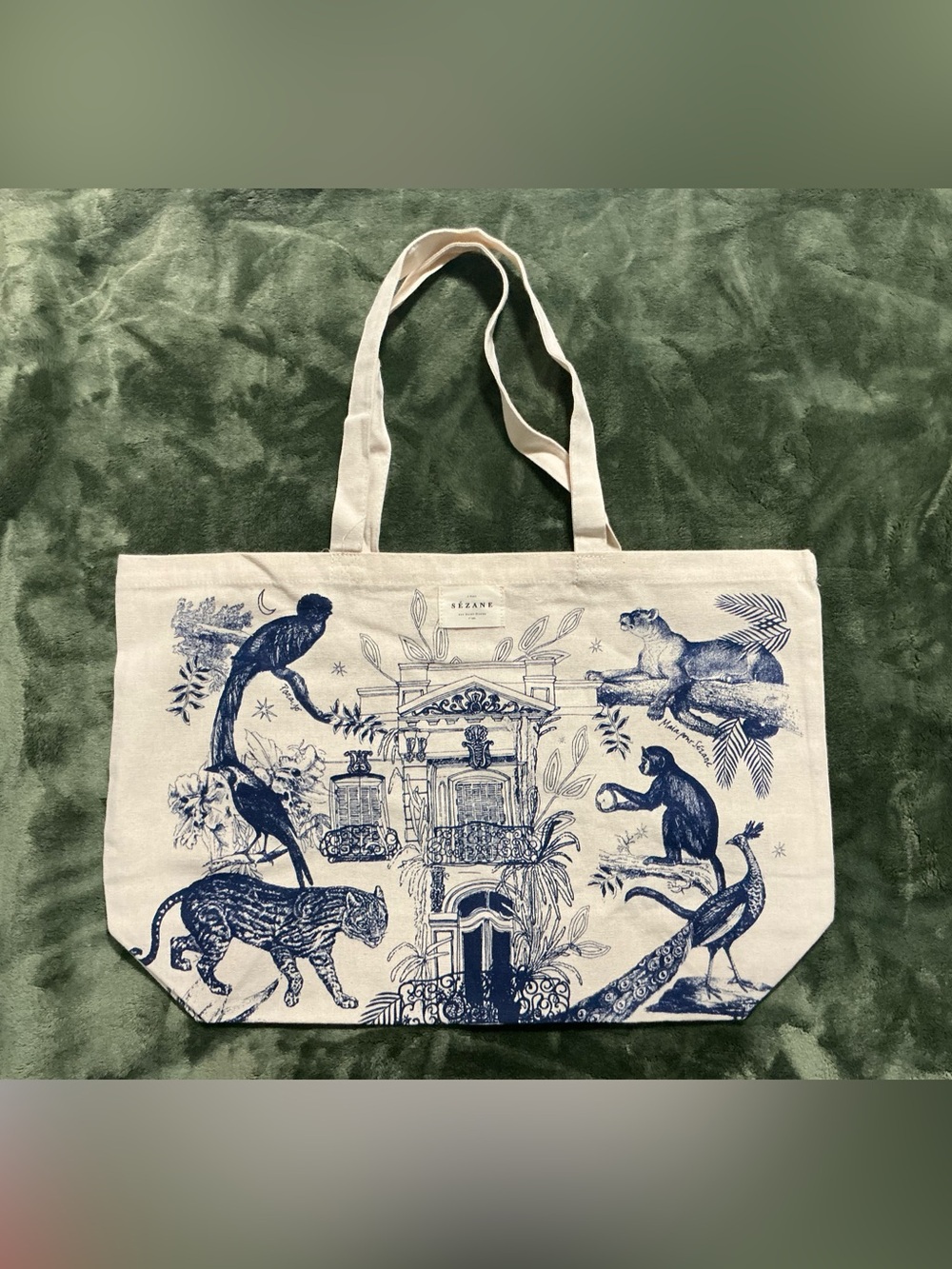 Sezane Cream Canvas Tote with Navy Animal Print